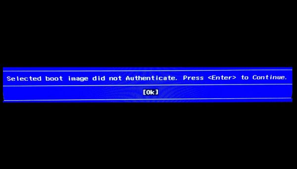 Selected boot image did not authenticate